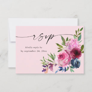 Hot Pink & Navy Blue Floral mit Meal V3 Rosa RSVP Karte