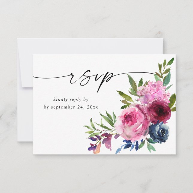 Hot Pink & Navy Blue Floral mit Meal V3 RSVP Karte (Vorderseite)