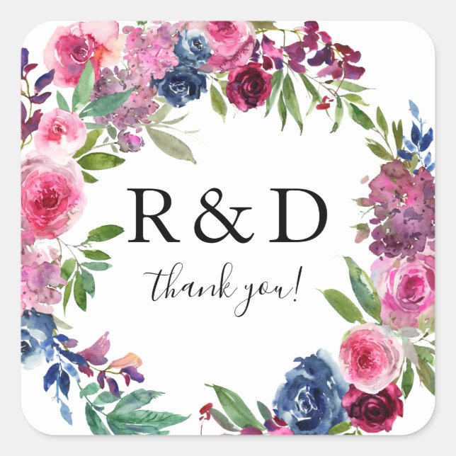 Hot Pink & Navy Blue Floral Monogram - Square Stic Quadratischer Aufkleber (Vorderseite)