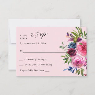 Hot Pink & Navy Blue Floral Nr. Mahlzeit V3 Rosa RSVP Karte