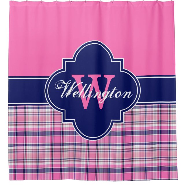 Hot Pink Navy Blue Madras Kariert 1I CB Multifunkt Duschvorhang (Vorderseite)