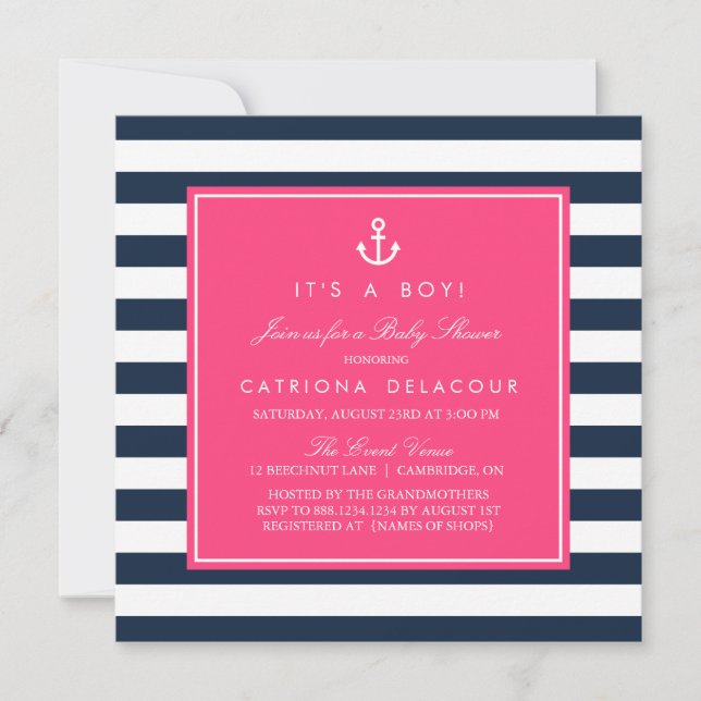 Hot Pink & Navy Nautical Baby Dusche Einladung (Vorderseite)