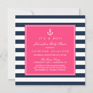 Hot Pink & Navy Nautical Baby Dusche Einladung