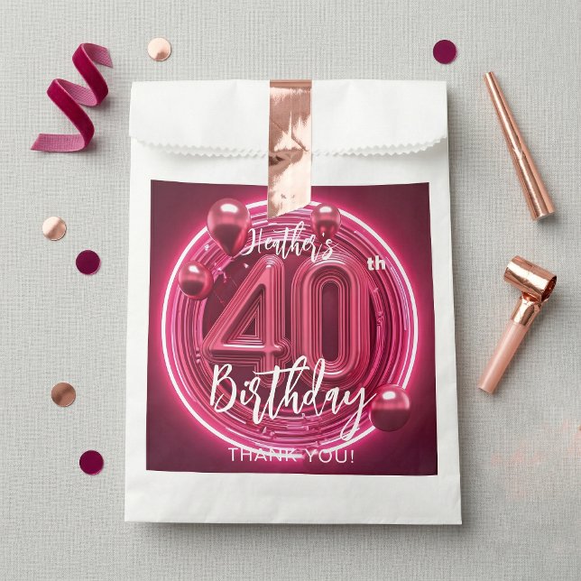 Hot Pink Neon Glam 40th Birthday Metallic Balloons Geschenktütchen (Von Creator hochgeladen)