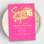 Hot Pink Neon Glow Gold Glitzer Sweet 16 Birthday Einladung<br><div class="desc">16 . Geburtstag Geburtstagsparty Design in hellrosa mit Neonleuchte und Imitat Gold Glitzer.</div>