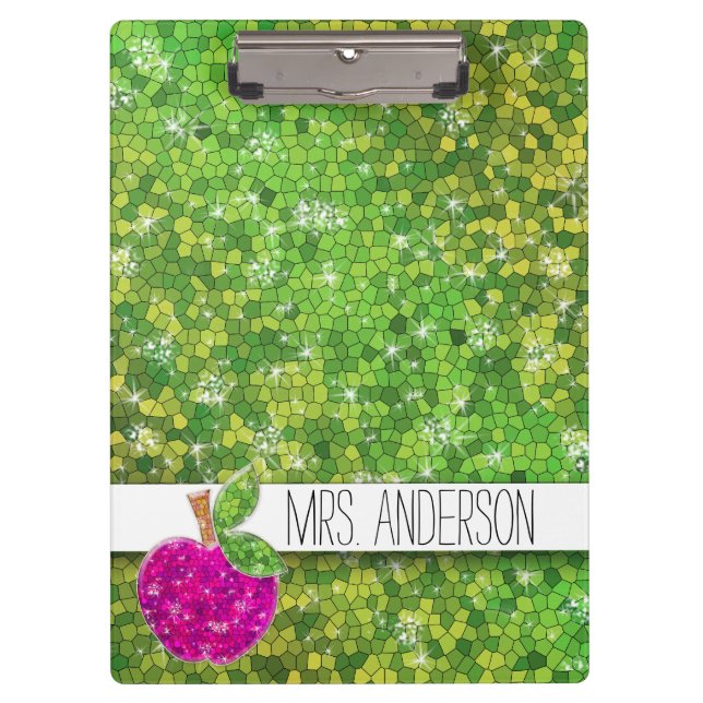 Hot Pink Neon Green Teachers Apfelstube Name Klemmbrett (Vorderseite)