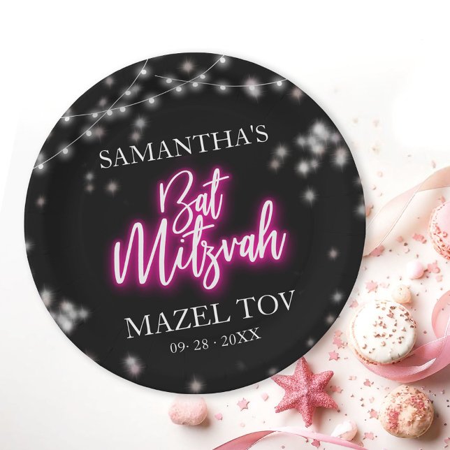 Hot Pink Neon-Themed Bat Mitzvah Pappteller (Von Creator hochgeladen)