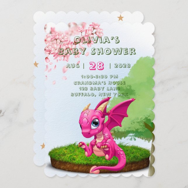 Hot Pink Niedlich Dragon Girl Babydusche Einladung (Vorne/Hinten)