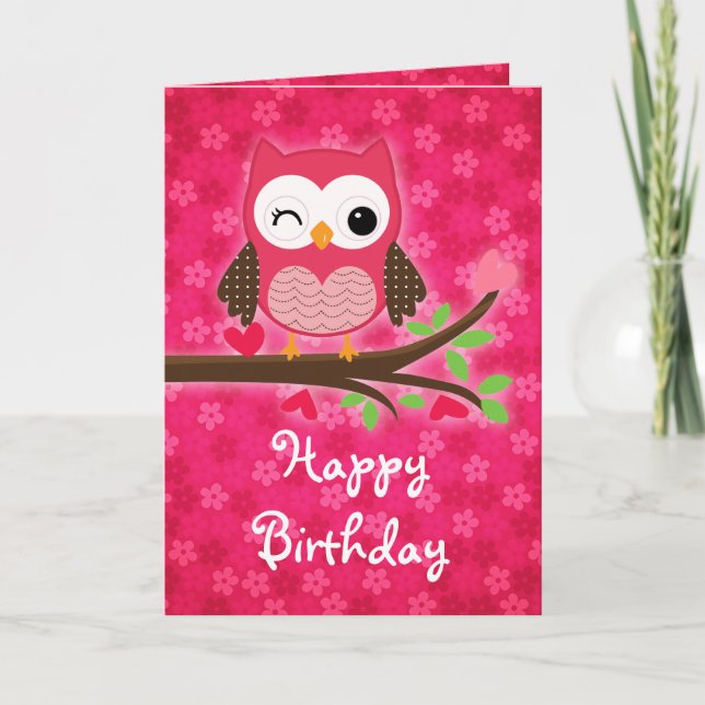 Hot Pink Niedlich Owl Girly Happy Birthday Karte (Vorderseite)