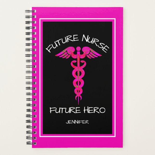 Hot Pink Nurse Medical Caduceus Personalized Planer (Vorderseite)