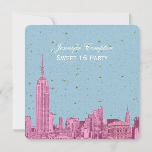 Hot Pink NYC Skyline Etch Blue Starry SQ Sweet 16 Einladung