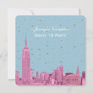 Hot Pink NYC Skyline Etch Blue Starry SQ Sweet 16 Einladung