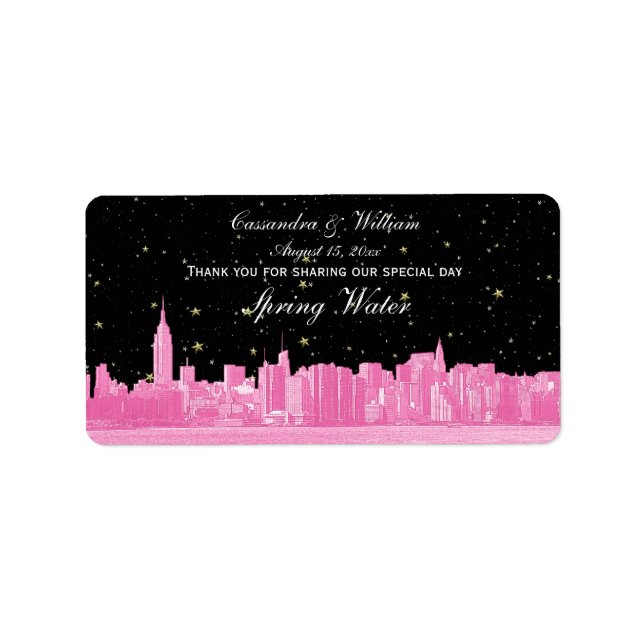 Hot Pink NYC Wide Starry Skyline Etch Water Flasch Adressaufkleber (Vorne)