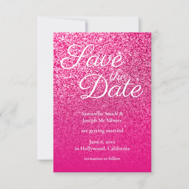 Hot Pink Ombre Glitzer Save the Date Einladung (Vorderseite)