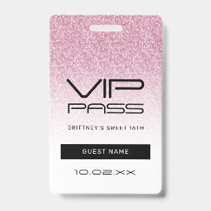 Hot Pink Ombre Glitzer Sweet 16. VIP Pass Ausweis