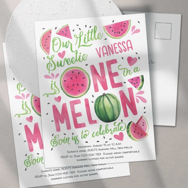 Hot Pink One in einem Melon, Niedliches Wassermelo Einladungspostkarte (Summer Cute Pink Watercolor One In a Melon, Watercolor Themed Girl 1st Birthday Postcard Invites.)