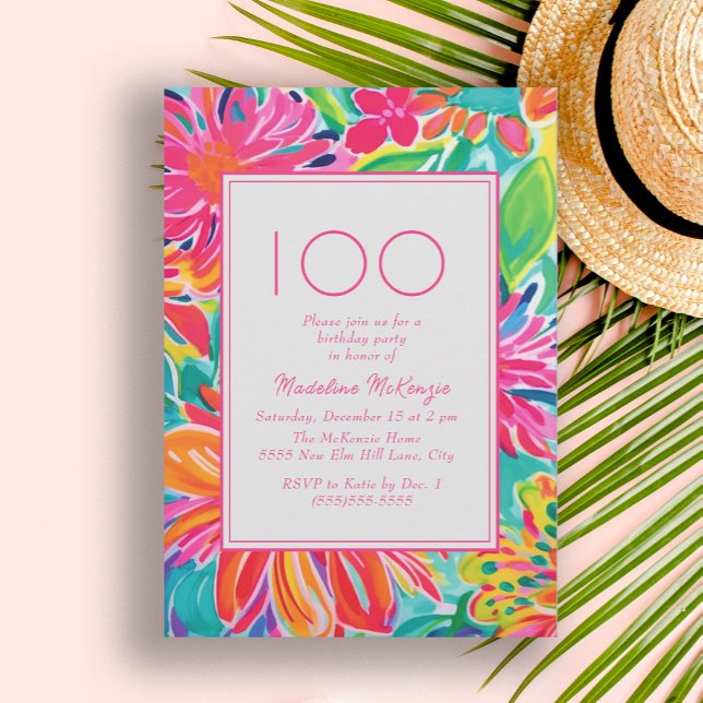 Hot Pink Orange Blume 100. Geburtstag Einladung (Hot pink and orange tropical leaves 100th birthday party invitation)