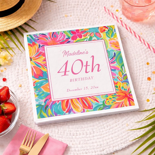 Hot Pink Orange Blume 40. Geburtstag Serviette (Hot pink, orange, and teal tropical 40th birthday party paper napkins)