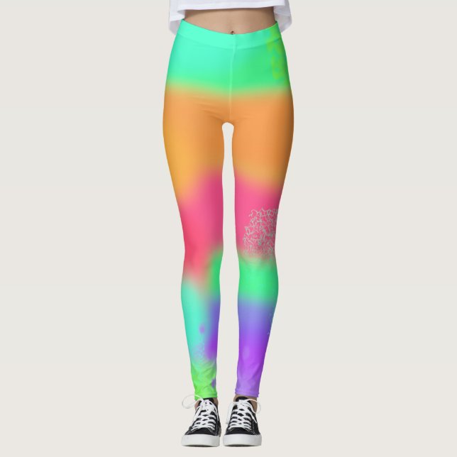 Hot Pink Orange Lila Türkis Punk Crazy Print Leggings (Vorderseite)