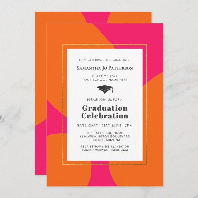 Hot Pink Orange Trendy Graduation Party Einladung (Vorne/Hinten)