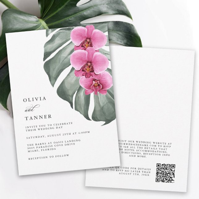 Hot Pink Orchids Tropical Wedding mit QR-Code Einladung (Von Creator hochgeladen)