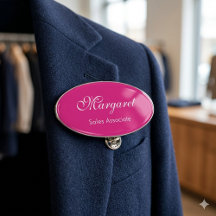 Hot Pink Oval Employee Name Tag with Job Title