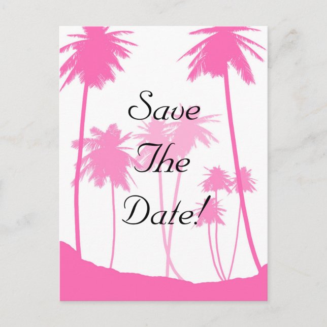 Hot Pink Palm Trees tropische Hochzeit speichern d Ankündigungspostkarte (Vorderseite)
