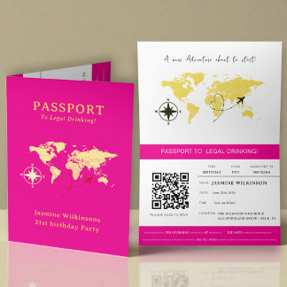 Hot Pink Passport Style 21st Birthday Party Ankündigung