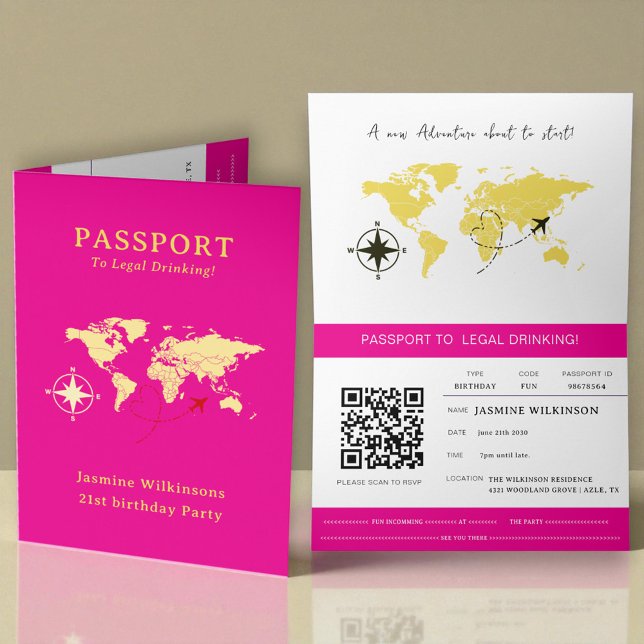 Hot Pink Passport Style 21st Birthday Party  Ankündigung (colors can be changed just message with the color hex code you want and ill be happy to change it.)