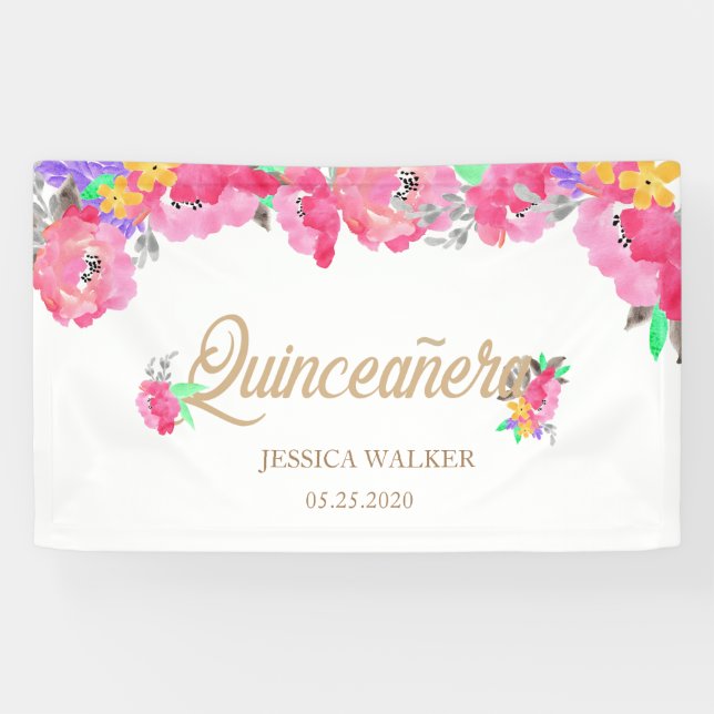 Hot Pink Peonies Quinceanera Begrüßungsbanner Banner (Horizontal)