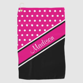 Hot Pink Polka Dot Black Diagonal Script Name Golfhandtuch