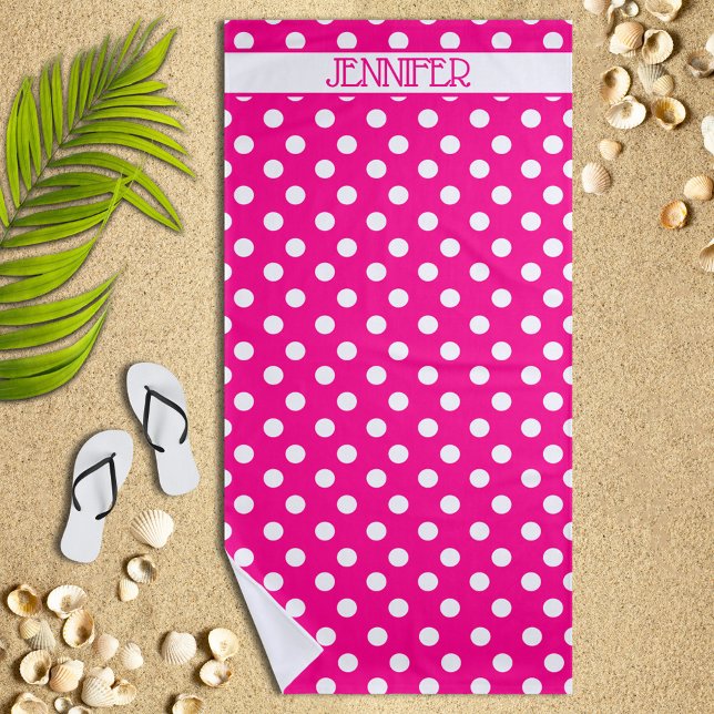 Hot Pink Polka Dot Personalisiertes Strandtuch (Von Creator hochgeladen)