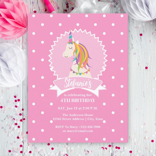 Hot Pink Polka Dots Magical Unicorn Girl Birthday Einladung (Von Creator hochgeladen)