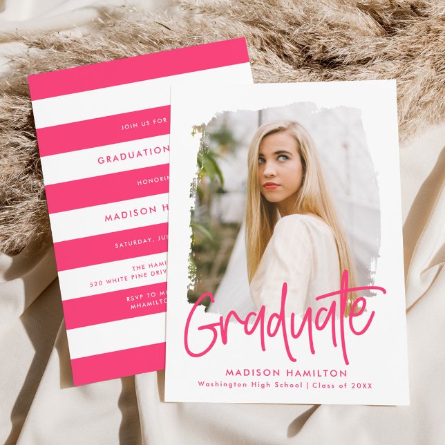 Hot Pink | Preppy Script Foto Graduation Party Einladung (Von Creator hochgeladen)