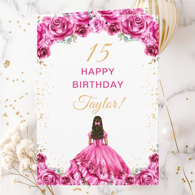 Hot Pink Princess Floral Happy Birthday Karte (Von Creator hochgeladen)