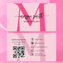 Hot Pink QR Code Script Name Girl Monogram Visitenkarte