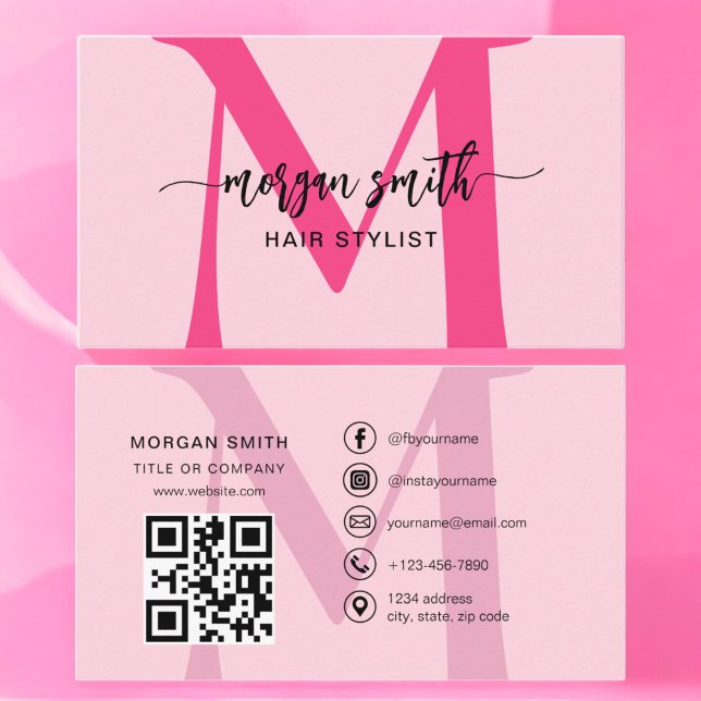 Hot Pink QR Code Script Name Girl Monogram Visitenkarte (Von Creator hochgeladen)