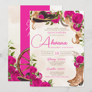 Hot Pink Quinceañera Charro Western Rose Blumen Einladung