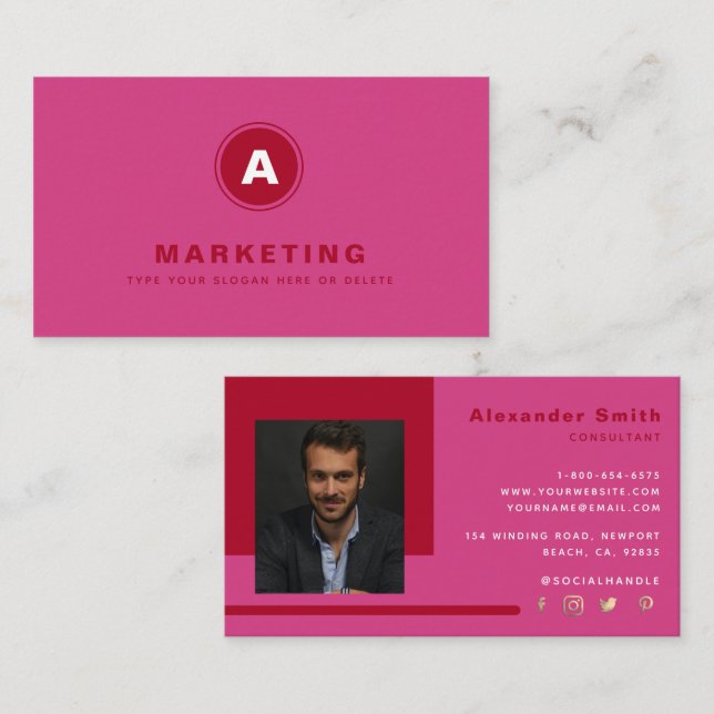 Hot Pink Red Business Marketing Berufliches Foto Visitenkarte (Vorne/Hinten)