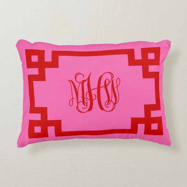 Hot Pink Red Greece Key Vine Monogram DIG BG Dekokissen (Vorderseite)
