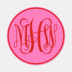 Hot Pink Red Vine Script Monogram, DIY BG Runder Aufkleber