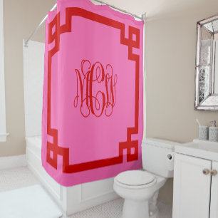 Hot Pink Red Vine Script Monogram Greek Key DIY BG Duschvorhang