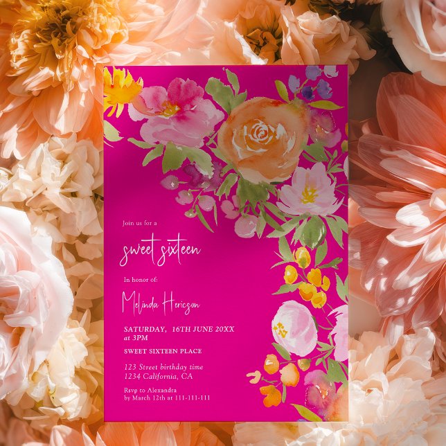 Hot Pink romantic summer floral sweet 16 Einladung (Hot Pink romantic summer floral sweet 16 Invitation)