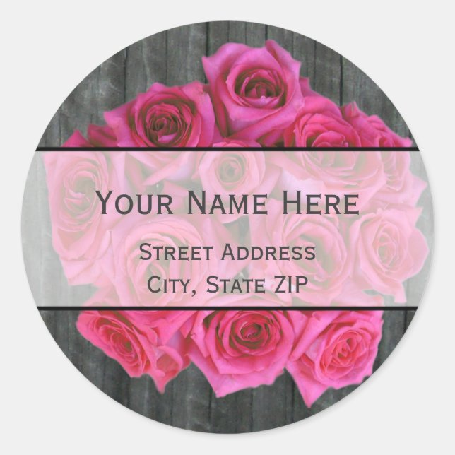 Hot Pink Rose Bouquet & Barnwood Address Label Runder Aufkleber (Vorderseite)