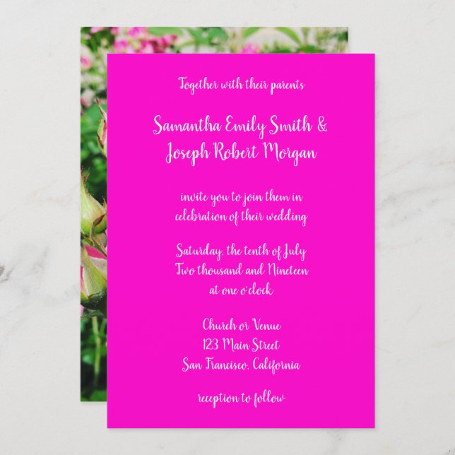 Hot Pink Rose Foto Kalligrafie Einladung (Vorne/Hinten)