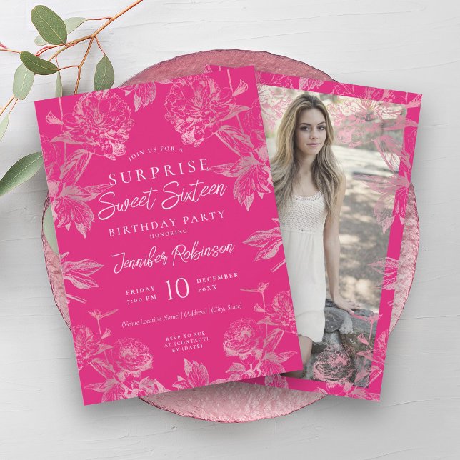Hot Pink Rose Gold BlumenÜBERRASCHUNG Sweet 16 Einladung (Hot Pink Rose Gold Floral SURPRISE Sweet 16 Invitation)