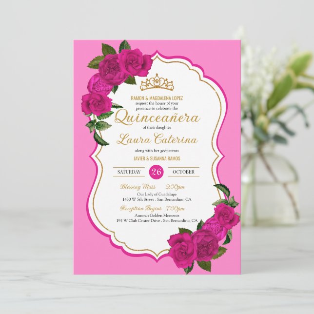 Hot Pink Rose Schwarz und Gold Elegantes Quinceane Einladung (Stehend Vorderseite)