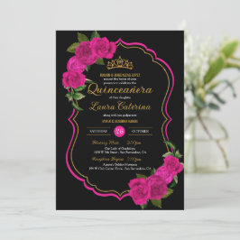 Hot Pink Rose Schwarz und Gold Elegantes Quinceane Einladung