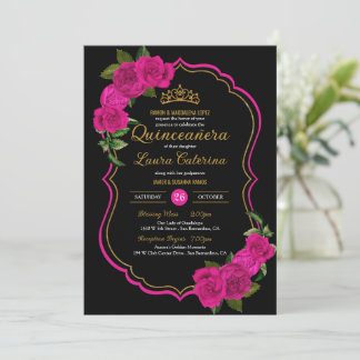 Hot Pink Rose Schwarz und Gold Elegantes Quinceane Einladung