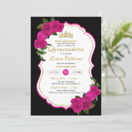 Hot Pink Rose Schwarz und Gold Elegantes Quinceane Einladung